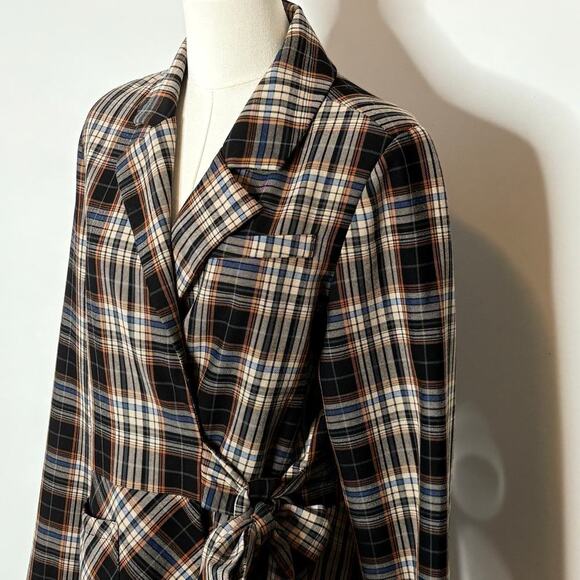 Pamela Love Retro Tie Waist Wrap Brown Plaid Blazer Womens Size Medium - Picture 7 of 13